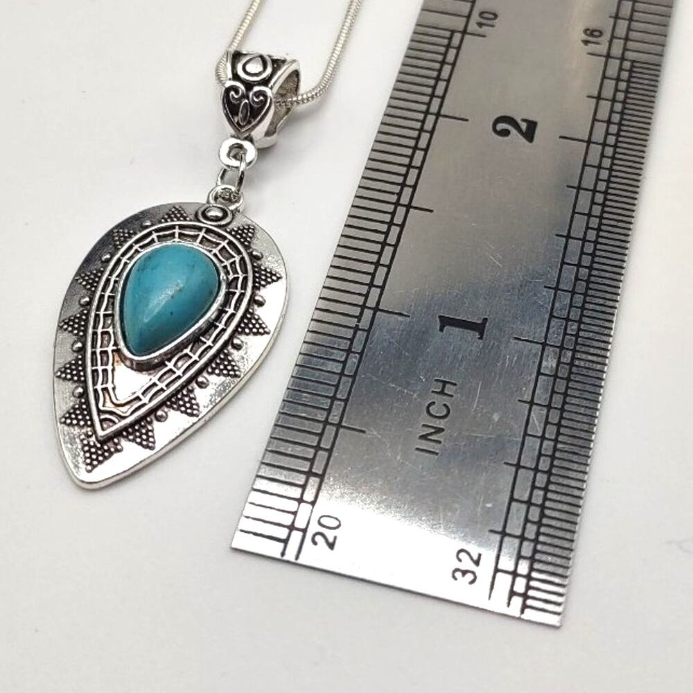 925 Silver Necklace w/ Turquoise Inverted Teardrop Pendant Valentines Gift - NEW